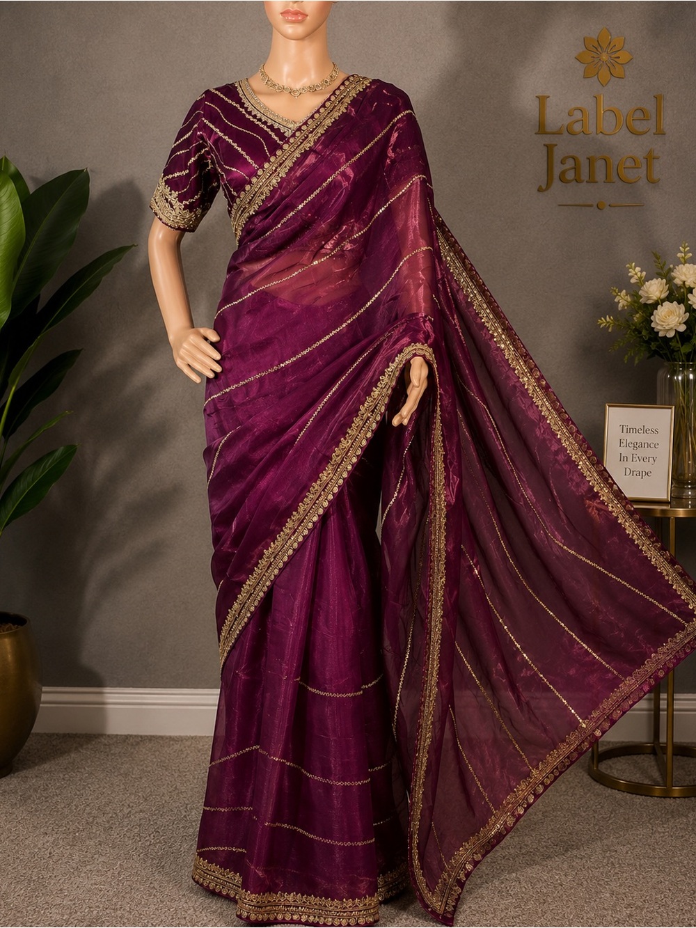 Embroidered Deep Magenta Saree with Gold Trim & stitched blouse(Brand new)